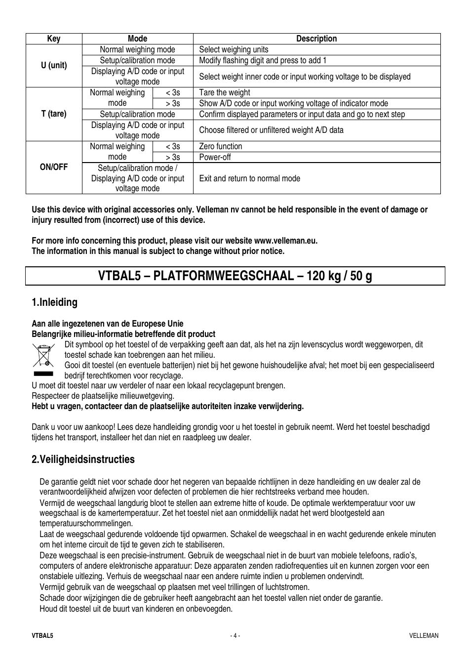 Inleiding, Veiligheidsinstructies | Velleman VTBAL5 User Manual | Page 4 / 10