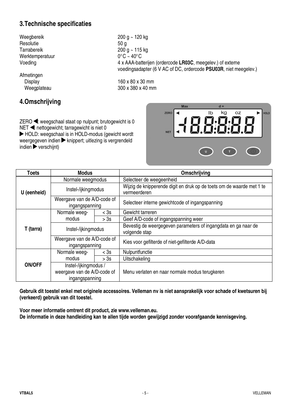 Technische specificaties, Omschrijving | Velleman VTBAL5 User Manual | Page 5 / 10