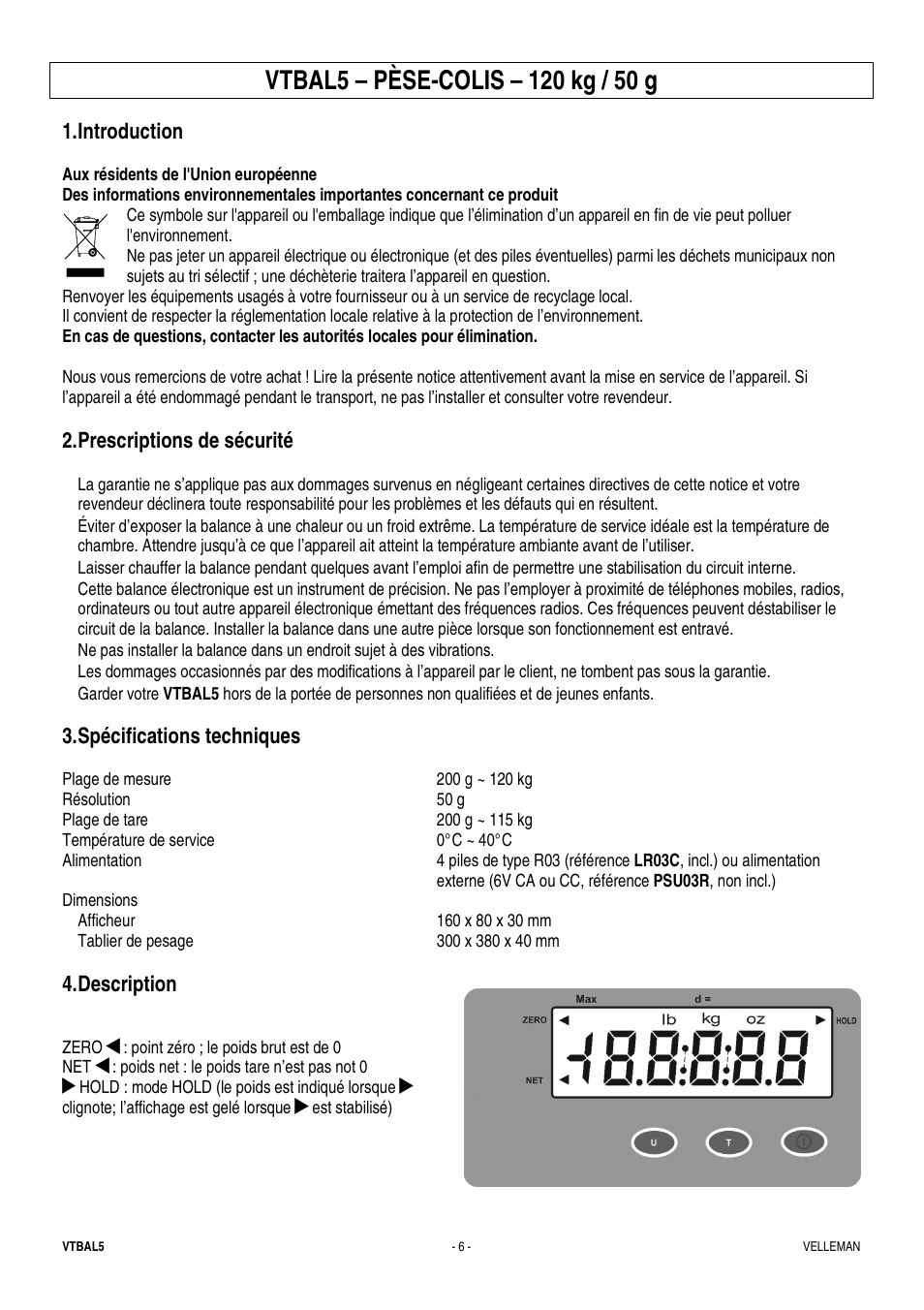Introduction, Prescriptions de sécurité, Spécifications techniques | Description | Velleman VTBAL5 User Manual | Page 6 / 10