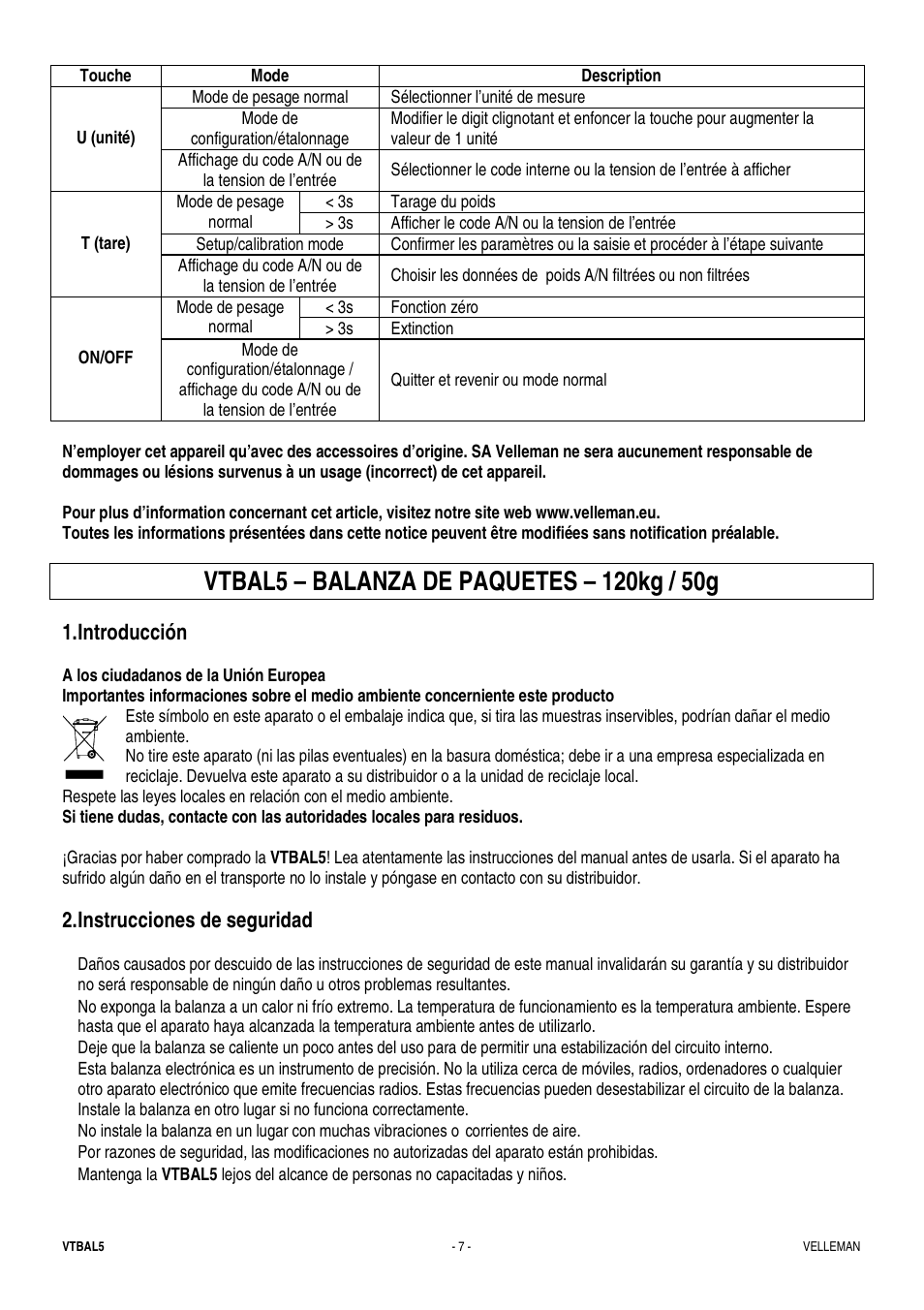 Introducción, Instrucciones de seguridad | Velleman VTBAL5 User Manual | Page 7 / 10