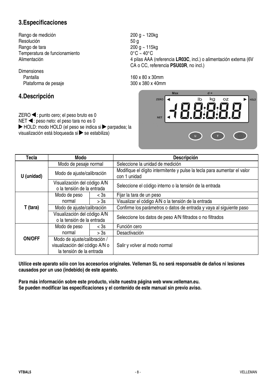 Especificaciones, Descripción | Velleman VTBAL5 User Manual | Page 8 / 10