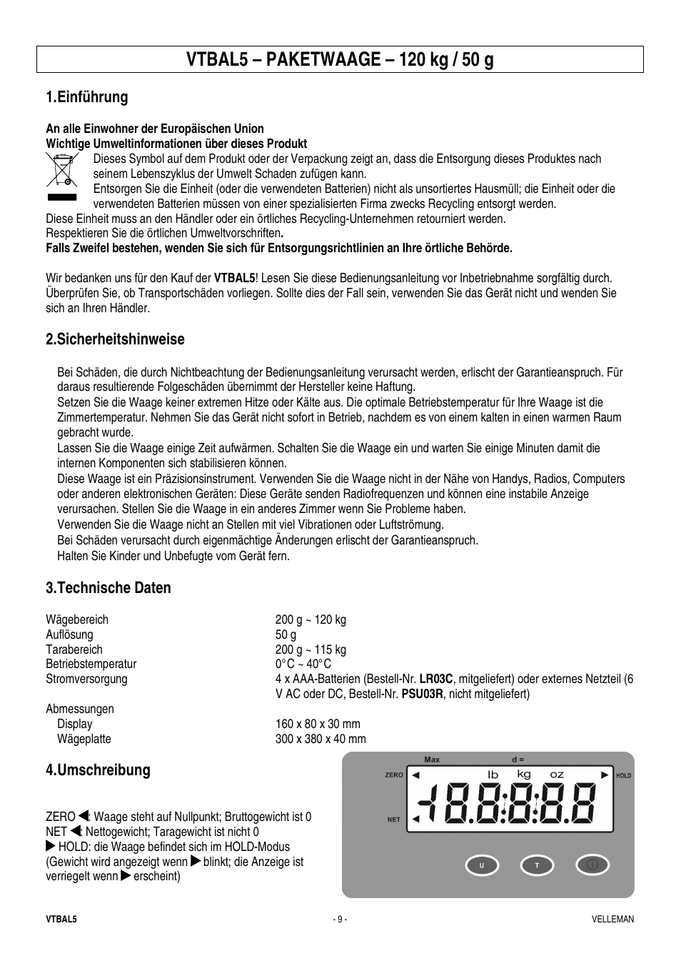 Einführung, Sicherheitshinweise, Technische daten | Umschreibung | Velleman VTBAL5 User Manual | Page 9 / 10