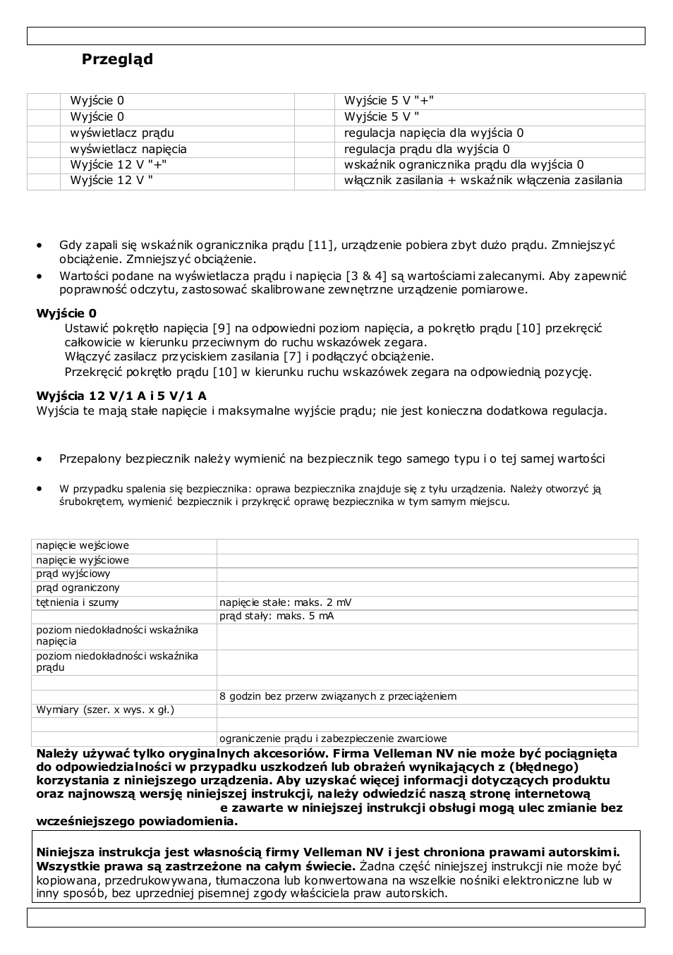 Przegląd, Zastosowanie, Bezpiecznik | Specyfikacja techniczna | Velleman PS603 User Manual | Page 14 / 17