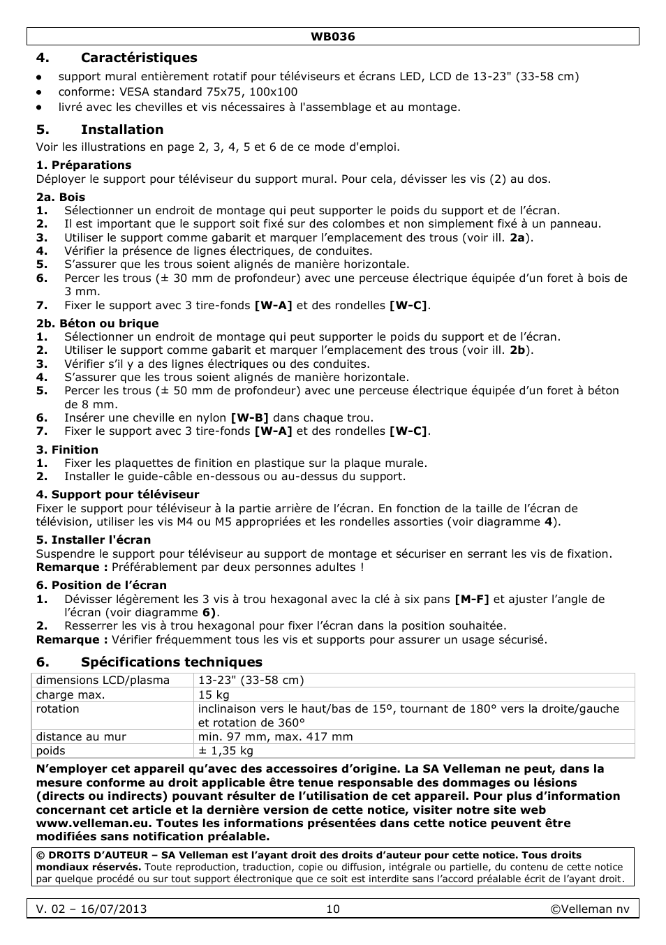 Caractéristiques, Installation, Préparations | 2a. bois, 2b. béton ou brique, Finition, Support pour téléviseur, Installer l'écran, Position de l’écran, Spécifications techniques | Velleman WB036 User Manual | Page 10 / 18
