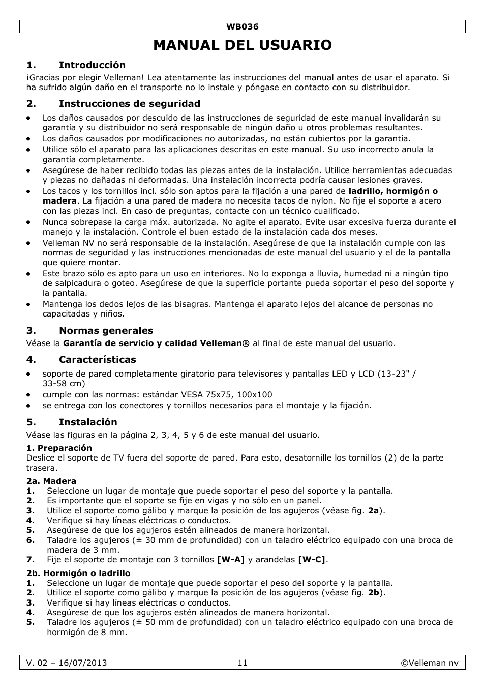 Manual del usuario, Introducción, Instrucciones de seguridad | Normas generales, Características, Instalación, Preparación, 2a. madera, 2b. hormigón o ladrillo | Velleman WB036 User Manual | Page 11 / 18