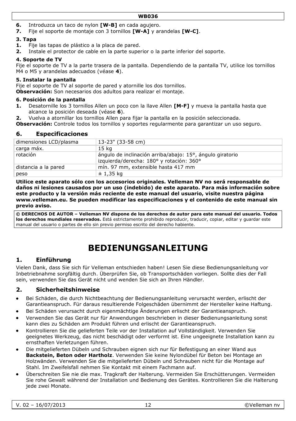 Tapa, Soporte de tv, Instalar la pantalla | Posición de la pantalla, Especificaciones, Bedienungsanleitung, Einführung, Sicherheitshinweise | Velleman WB036 User Manual | Page 12 / 18