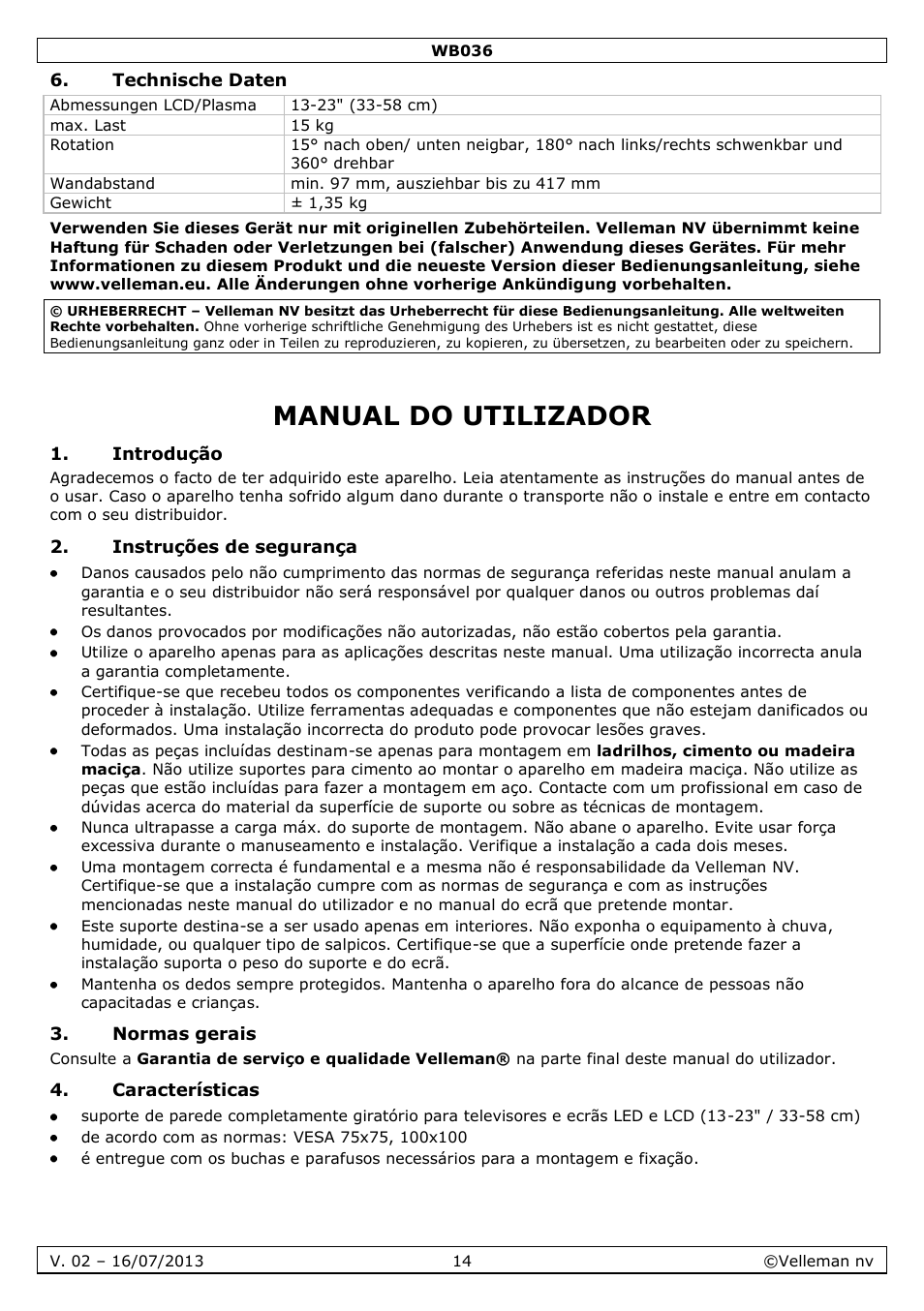 Technische daten, Manual do utilizador, Introdução | Instruções de segurança, Normas gerais, Características | Velleman WB036 User Manual | Page 14 / 18