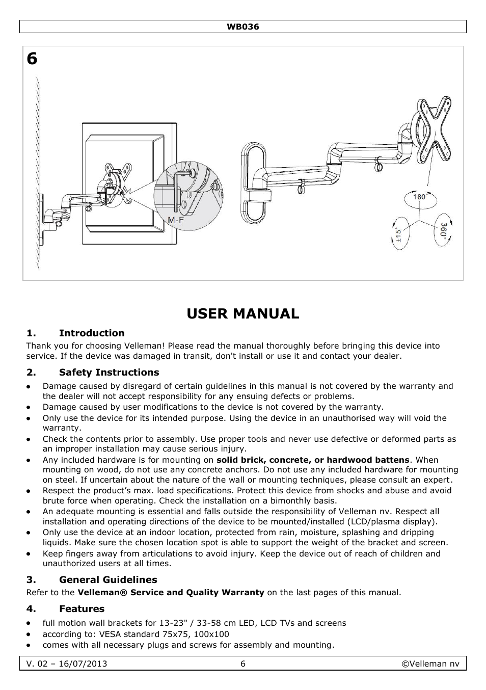 User manual, Introduction, Safety instructions | General guidelines, Features | Velleman WB036 User Manual | Page 6 / 18