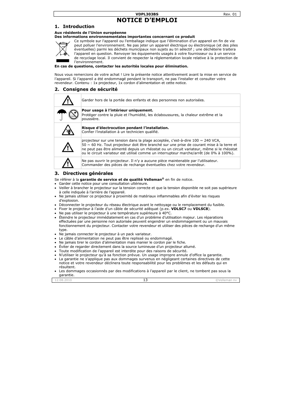 Otice d, Emploi | Velleman VDPL303BS User Manual | Page 13 / 30