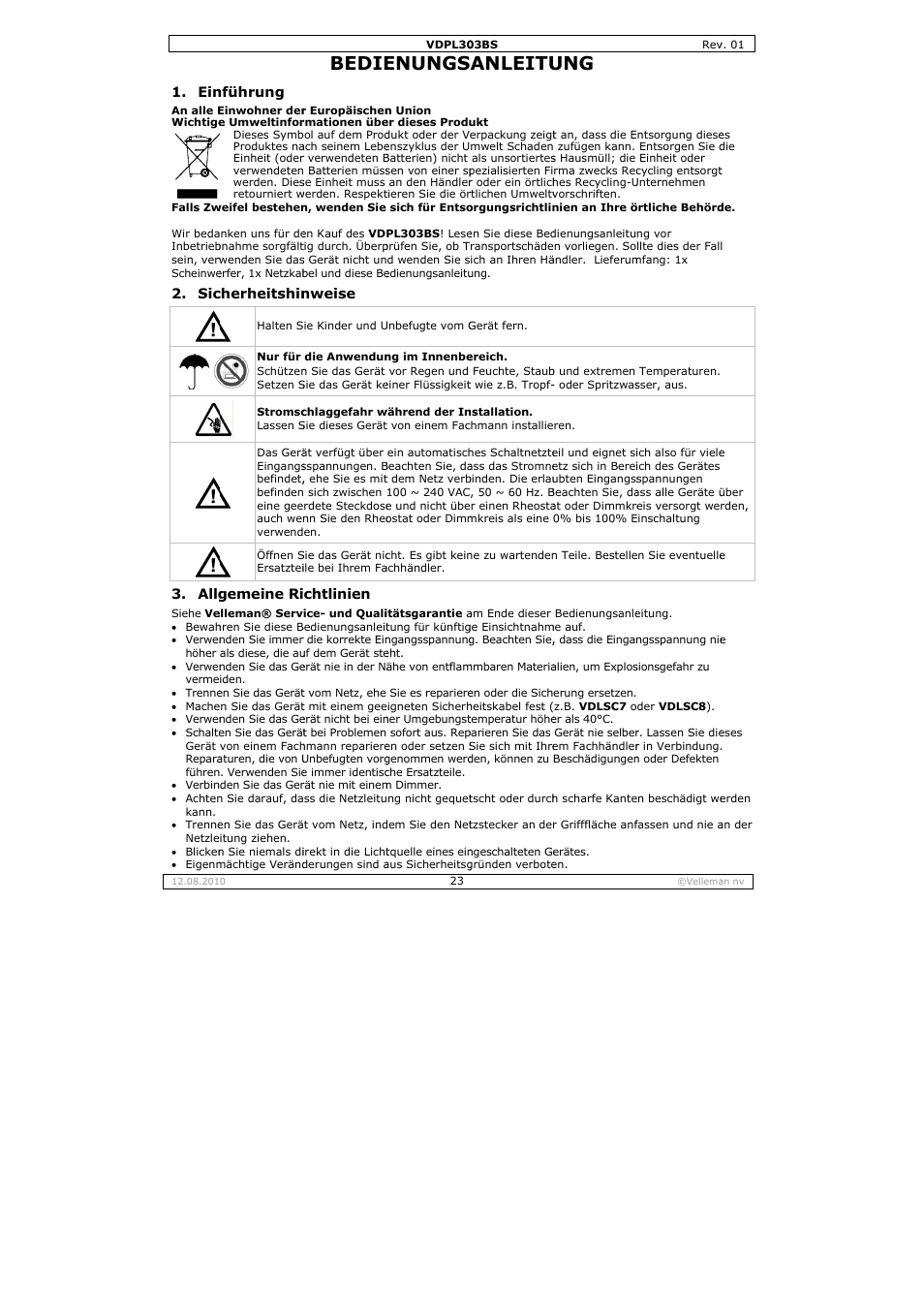 Bedie, Enungs, Anleitu | Velleman VDPL303BS User Manual | Page 23 / 30