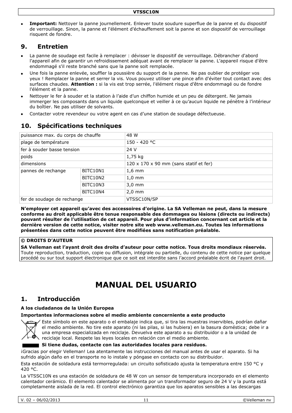 Entretien, Spécifications techniques, Manual del usuario | Introducción | Velleman VTSSC10N User Manual | Page 11 / 22
