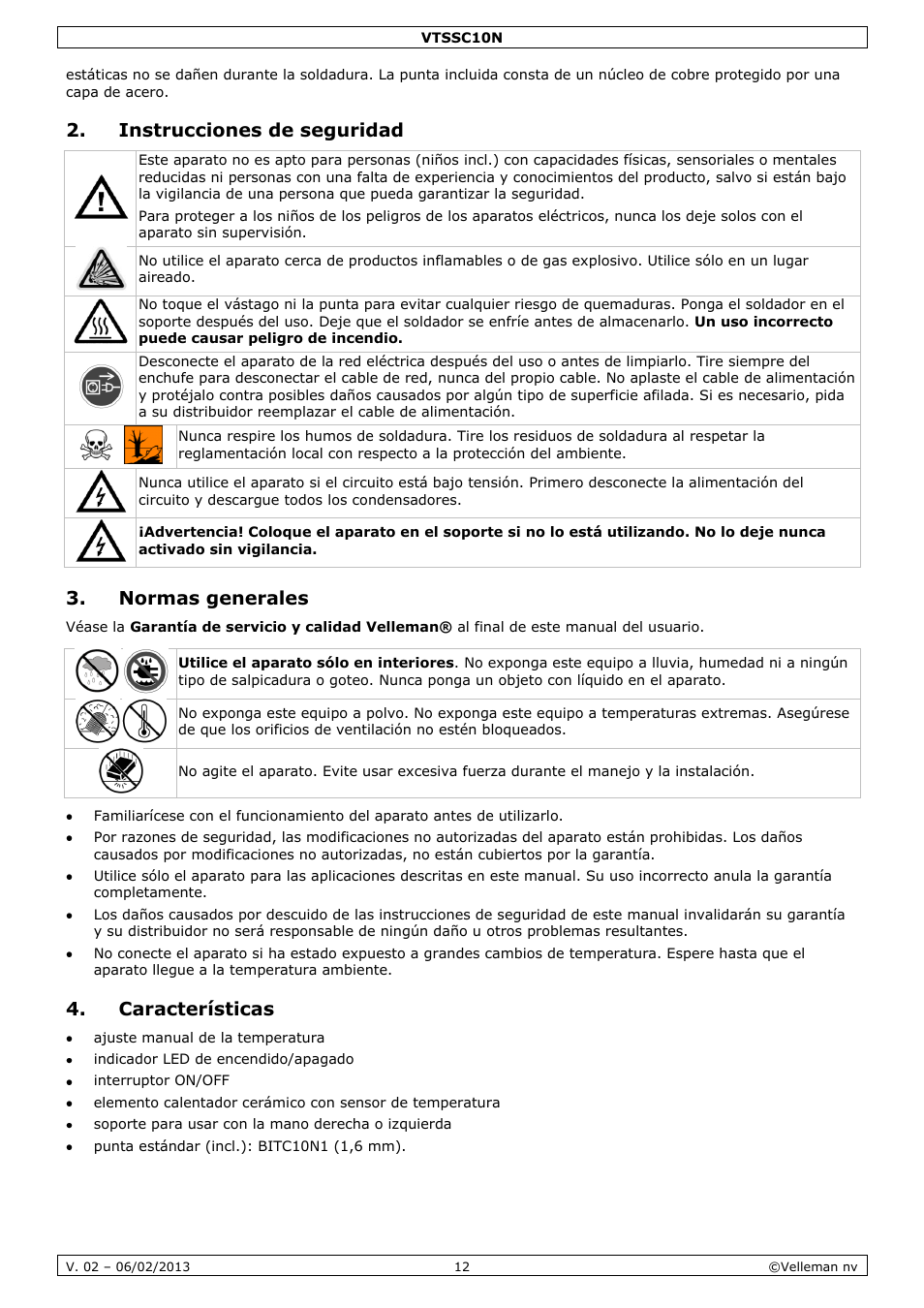 Instrucciones de seguridad, Normas generales, Características | Velleman VTSSC10N User Manual | Page 12 / 22