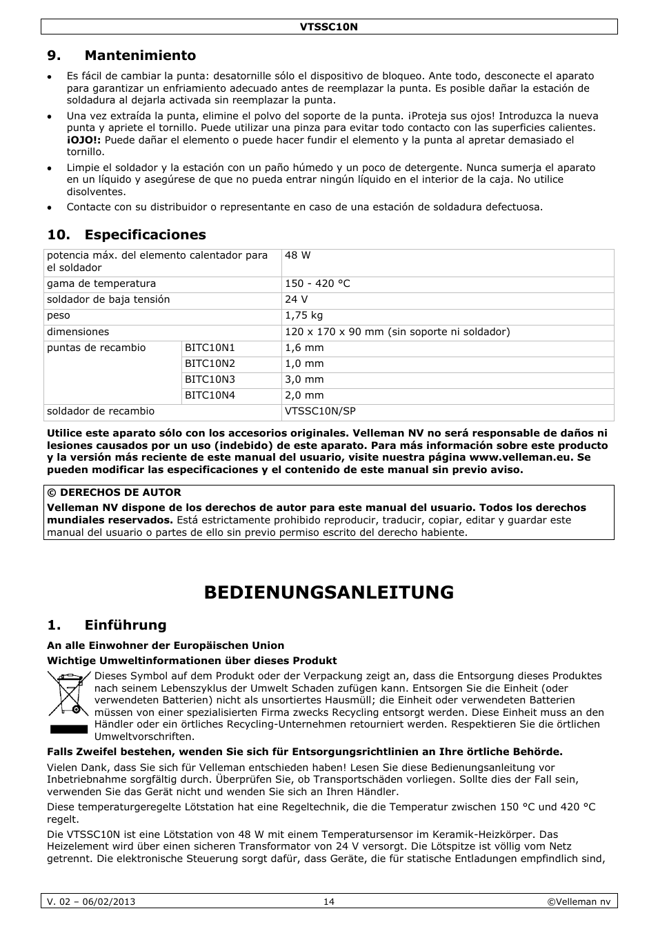 Mantenimiento, Especificaciones, Bedienungsanleitung | Einführung | Velleman VTSSC10N User Manual | Page 14 / 22