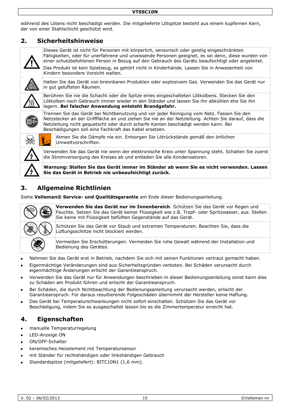 Sicherheitshinweise, Allgemeine richtlinien, Eigenschaften | Velleman VTSSC10N User Manual | Page 15 / 22