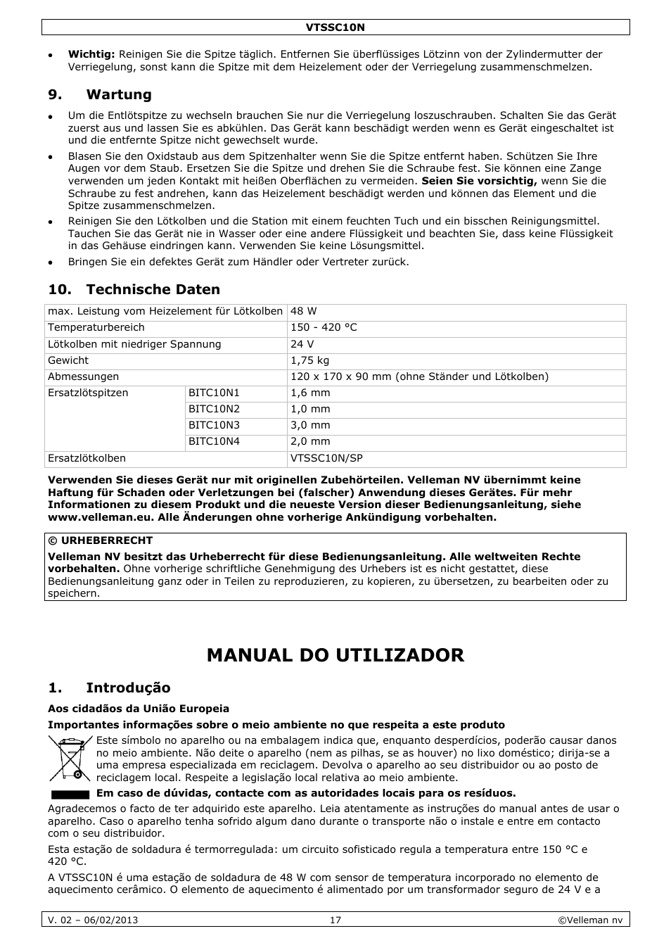 Wartung, Technische daten, Manual do utilizador | Introdução | Velleman VTSSC10N User Manual | Page 17 / 22