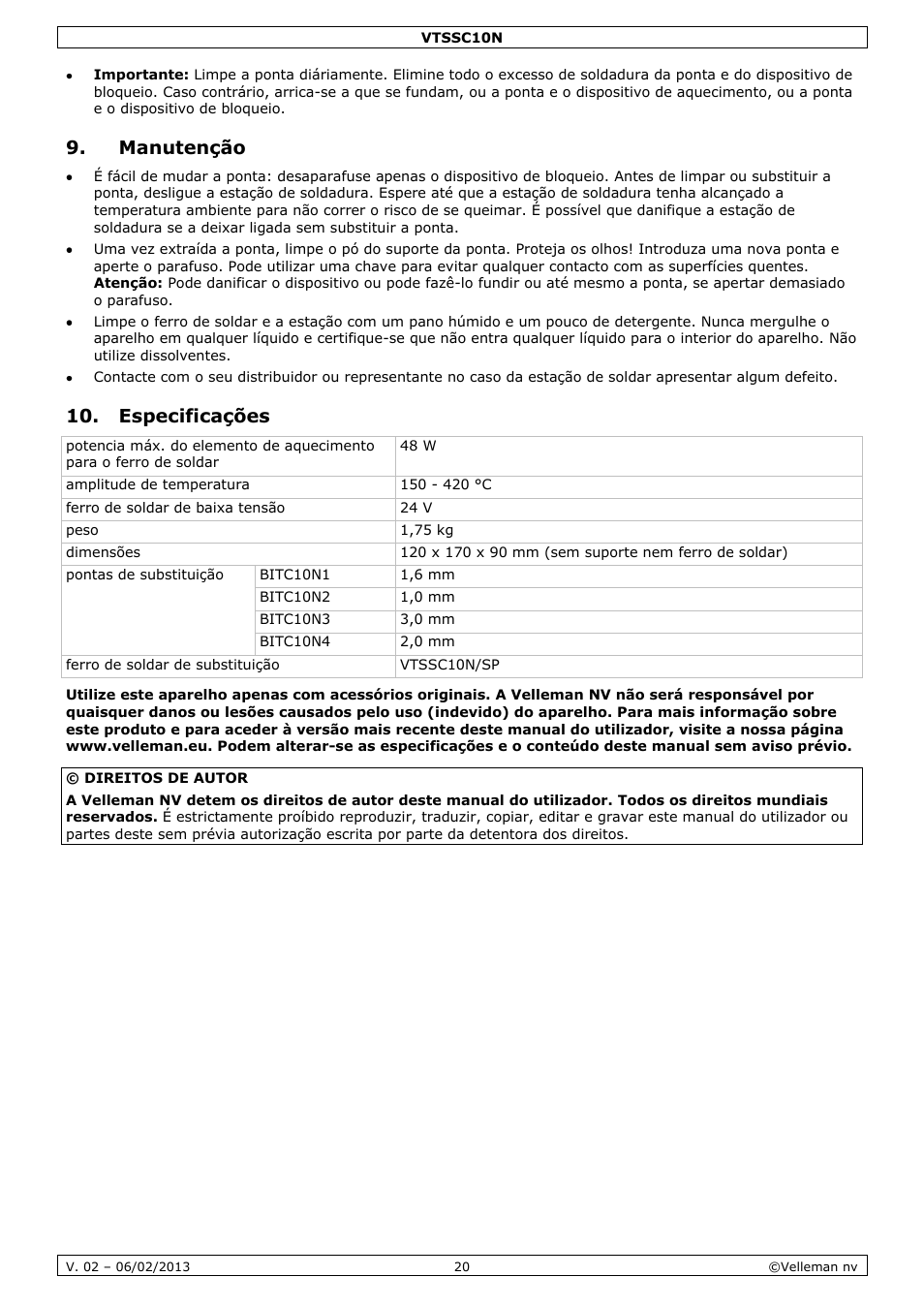 Manutenção, Especificações | Velleman VTSSC10N User Manual | Page 20 / 22