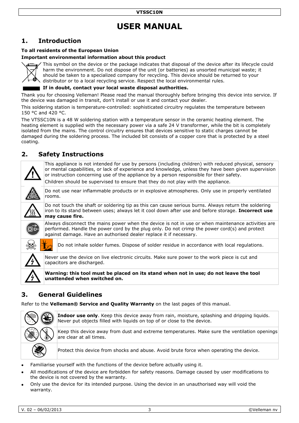 User manual, Introduction, Safety instructions | General guidelines | Velleman VTSSC10N User Manual | Page 3 / 22