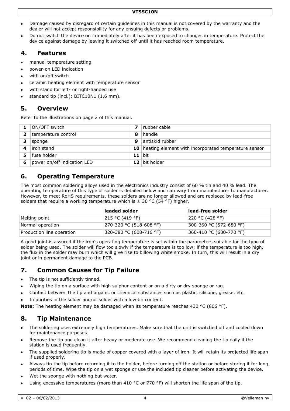 Features, Overview, Operating temperature | Common causes for tip failure, Tip maintenance | Velleman VTSSC10N User Manual | Page 4 / 22