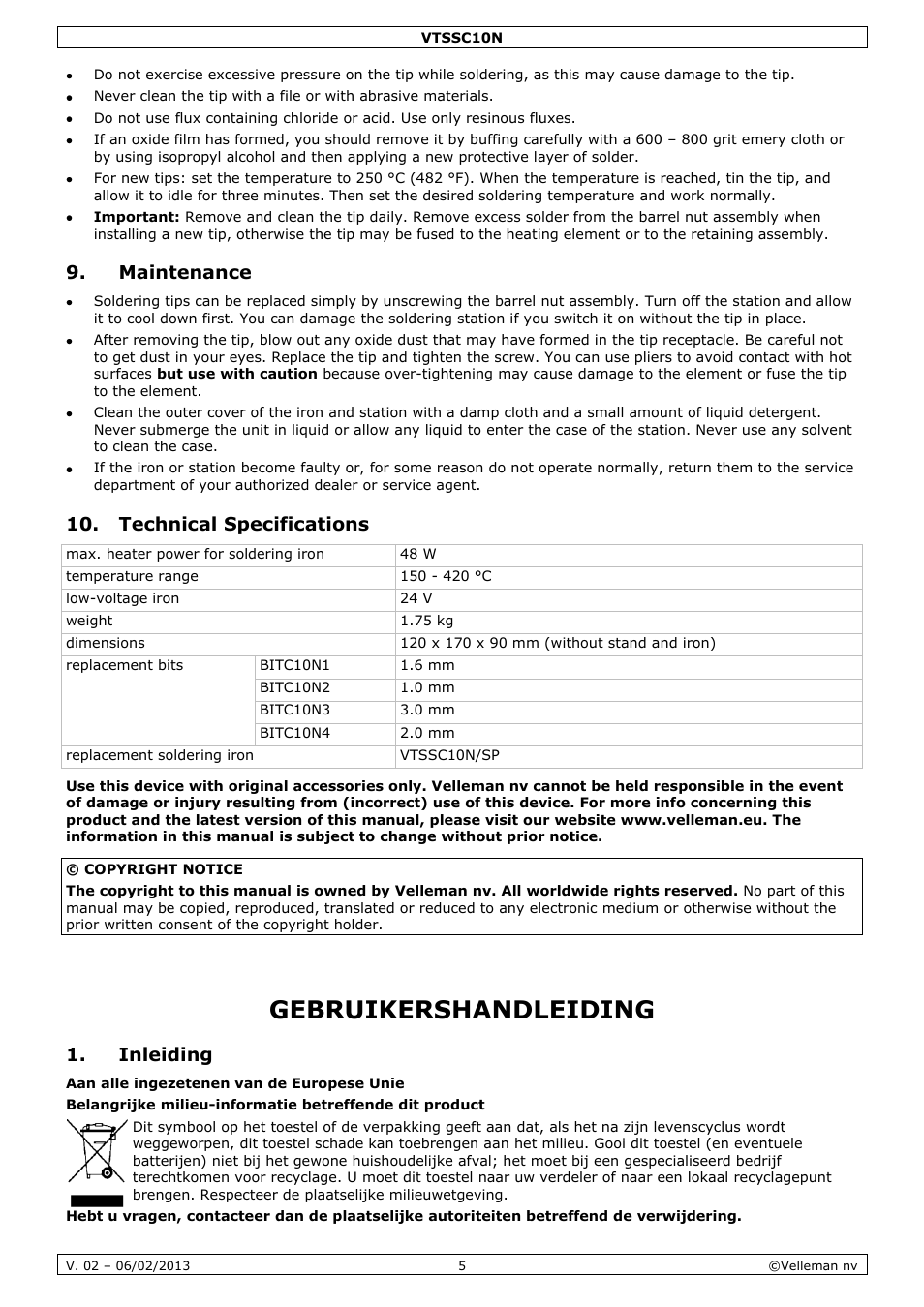 Maintenance, Technical specifications, Gebruikershandleiding | Inleiding | Velleman VTSSC10N User Manual | Page 5 / 22