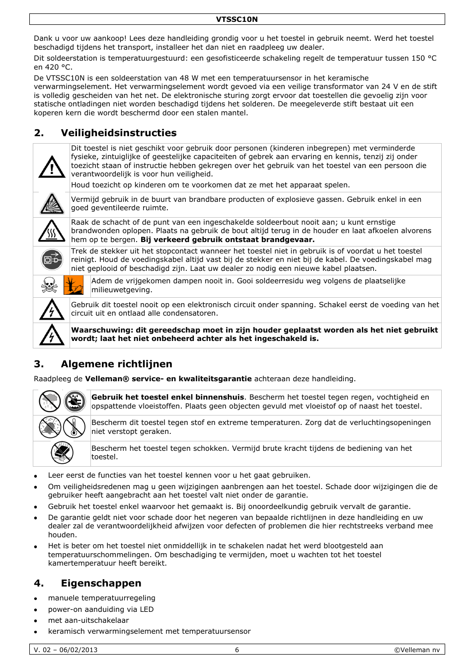 Veiligheidsinstructies, Algemene richtlijnen, Eigenschappen | Velleman VTSSC10N User Manual | Page 6 / 22