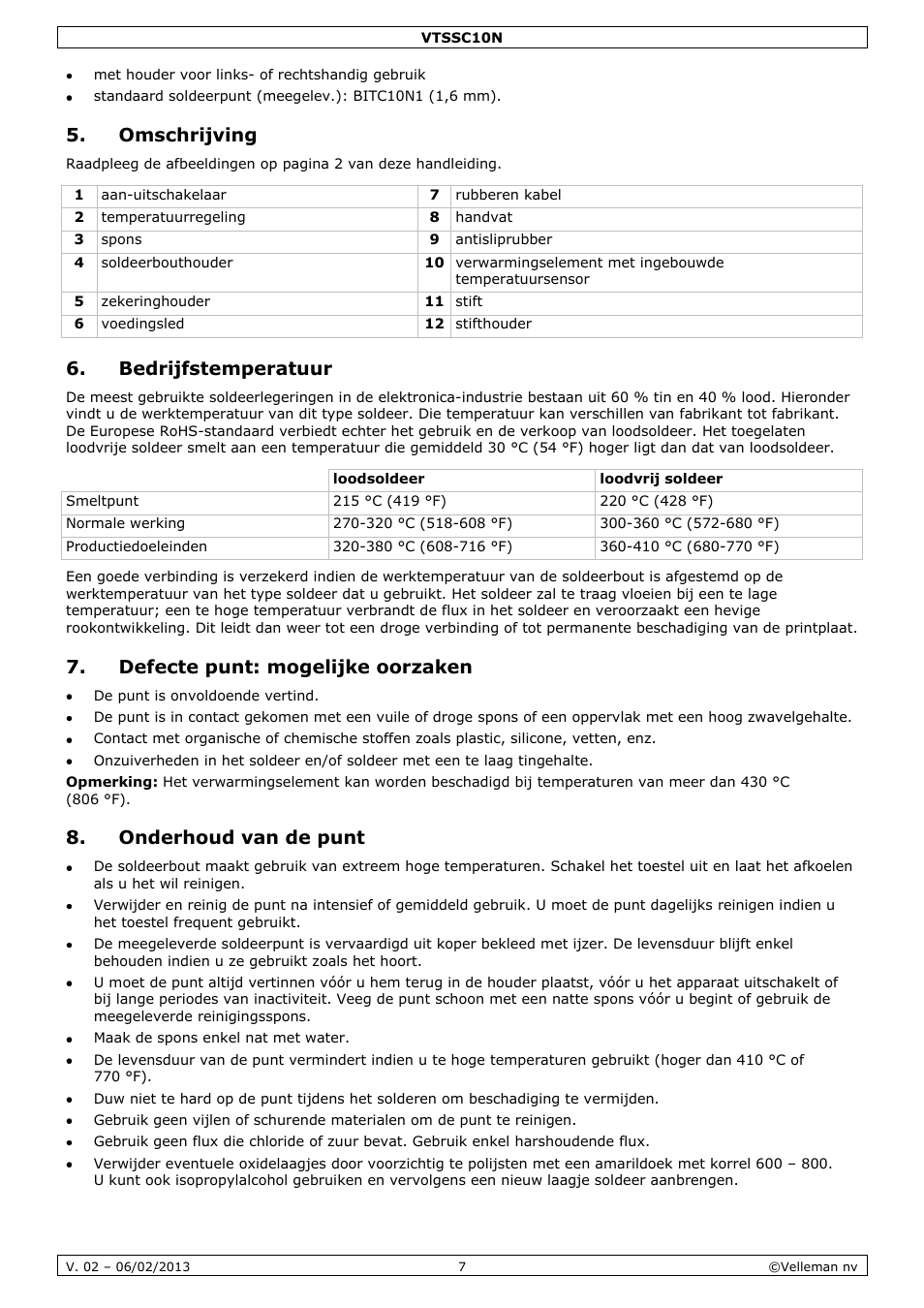Omschrijving, Bedrijfstemperatuur, Defecte punt: mogelijke oorzaken | Onderhoud van de punt | Velleman VTSSC10N User Manual | Page 7 / 22