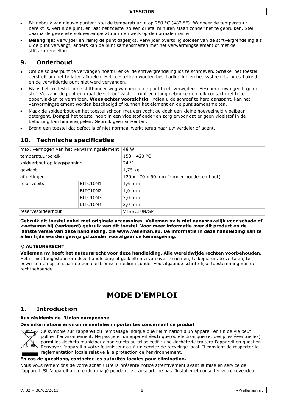 Onderhoud, Technische specificaties, Mode d'emploi | Introduction | Velleman VTSSC10N User Manual | Page 8 / 22