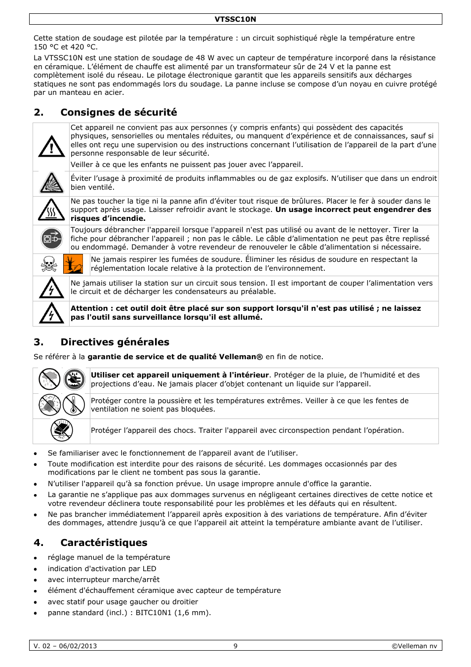 Consignes de sécurité, Directives générales, Caractéristiques | Velleman VTSSC10N User Manual | Page 9 / 22