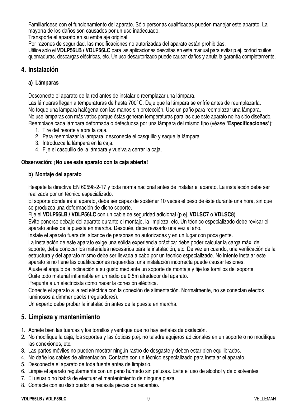 Instalación, Limpieza y mantenimiento | Velleman VDLP56LB User Manual | Page 9 / 12