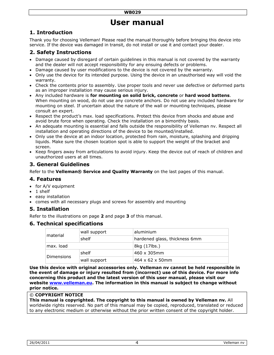 User manual | Velleman WB029 User Manual | Page 4 / 11