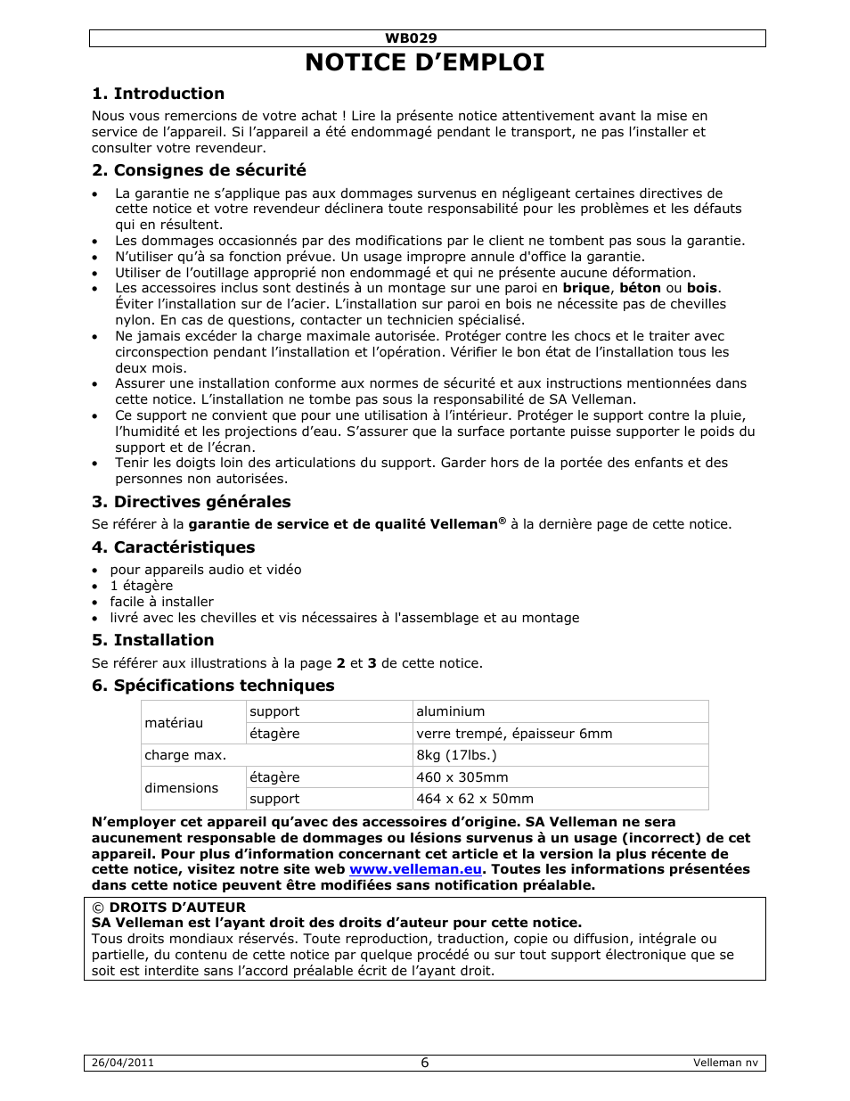 Notice d'emploi, Notice d’emploi | Velleman WB029 User Manual | Page 6 / 11