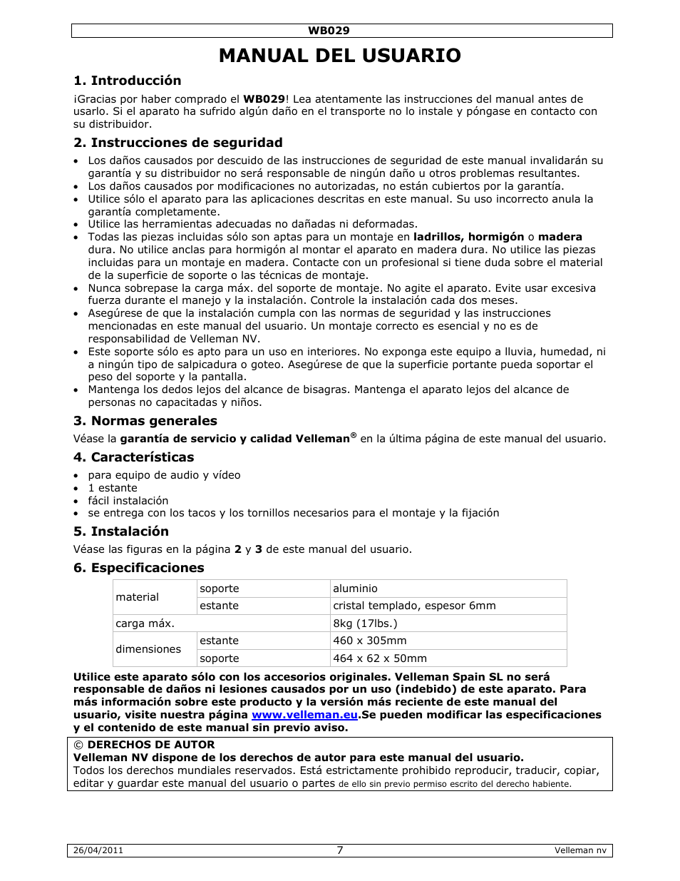 Manual del usuario | Velleman WB029 User Manual | Page 7 / 11