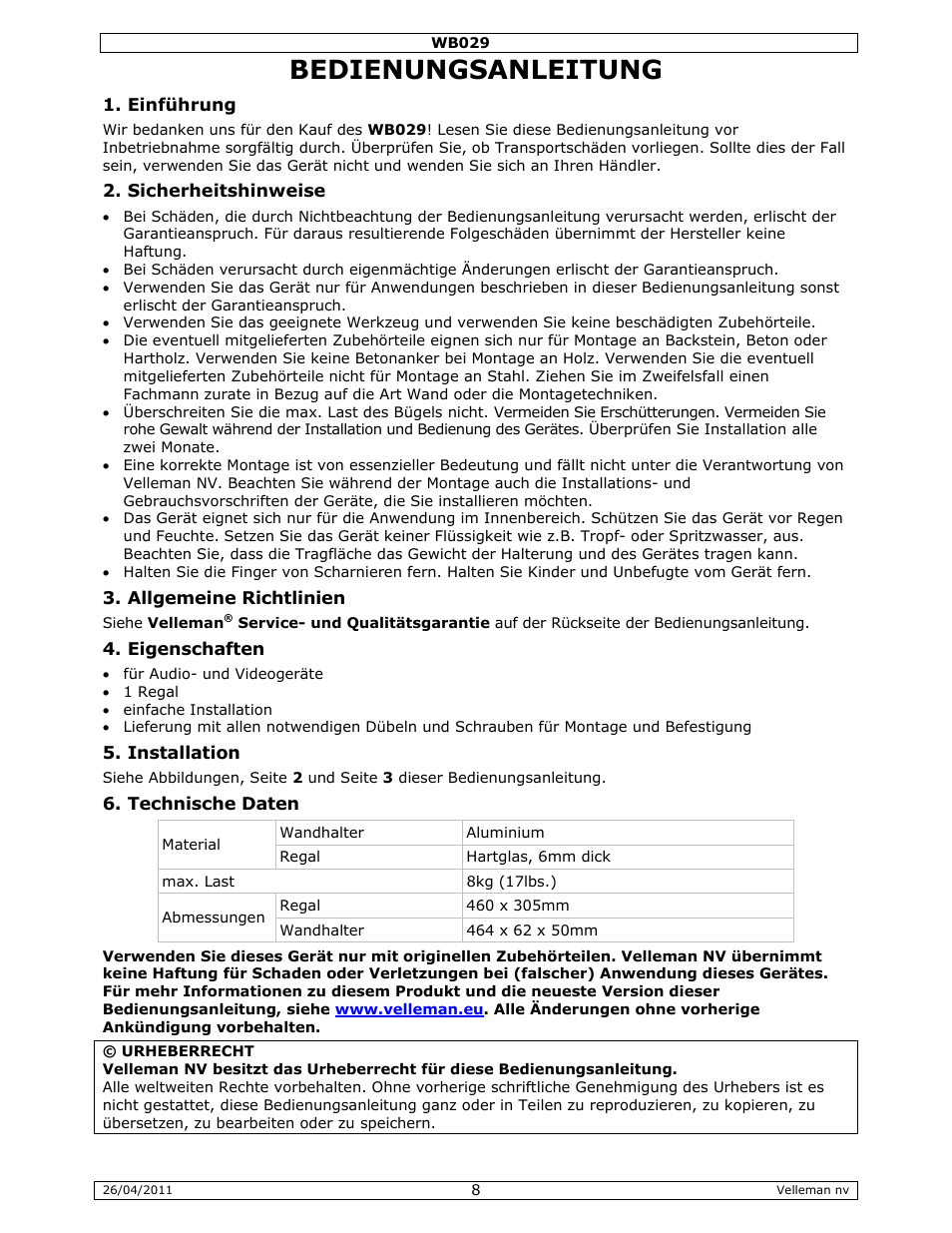 Bedienungsanleitung | Velleman WB029 User Manual | Page 8 / 11