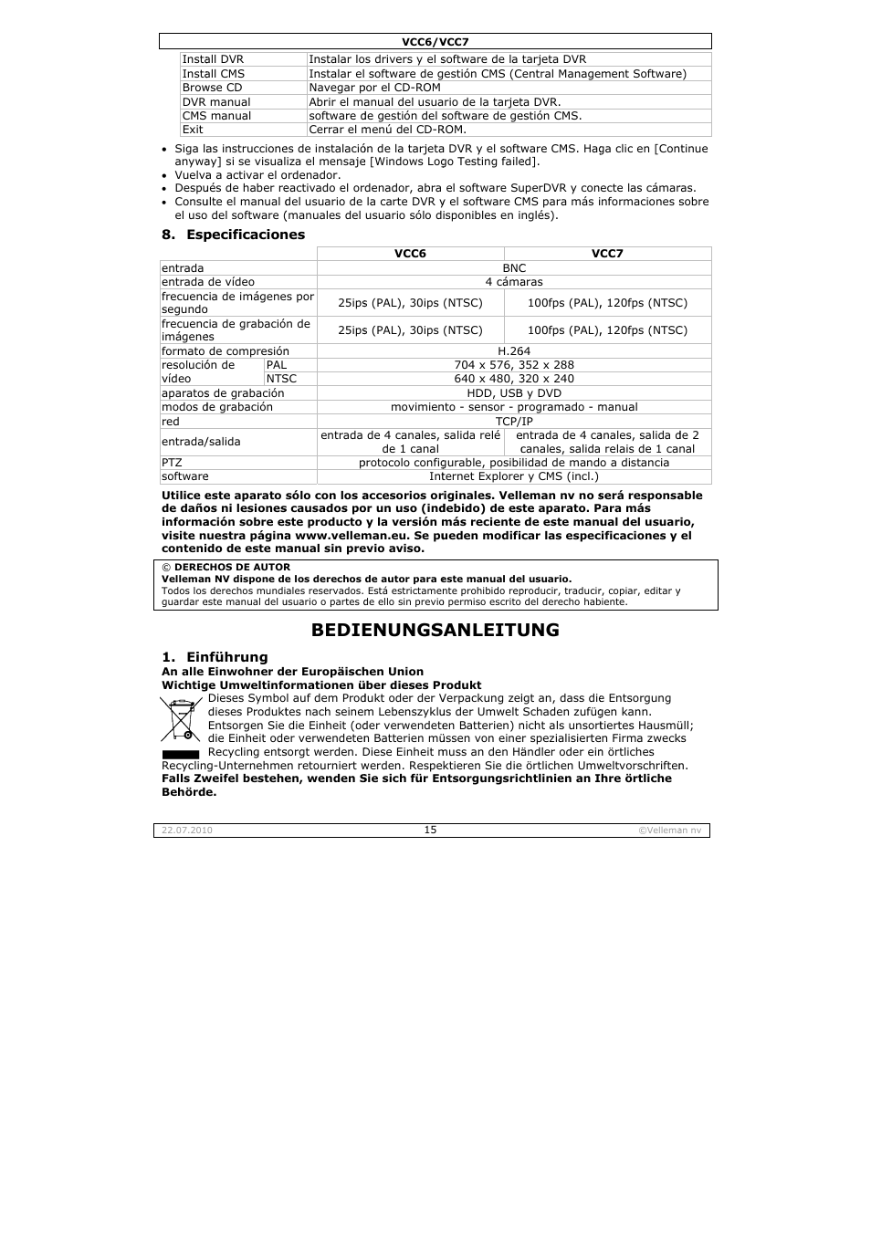 Bedie, Enungs, Anleitu | Velleman VCC6 User Manual | Page 15 / 20