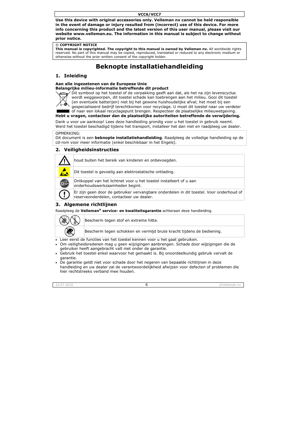 Beknopte, E installa, Atiehand | Dleiding | Velleman VCC6 User Manual | Page 6 / 20