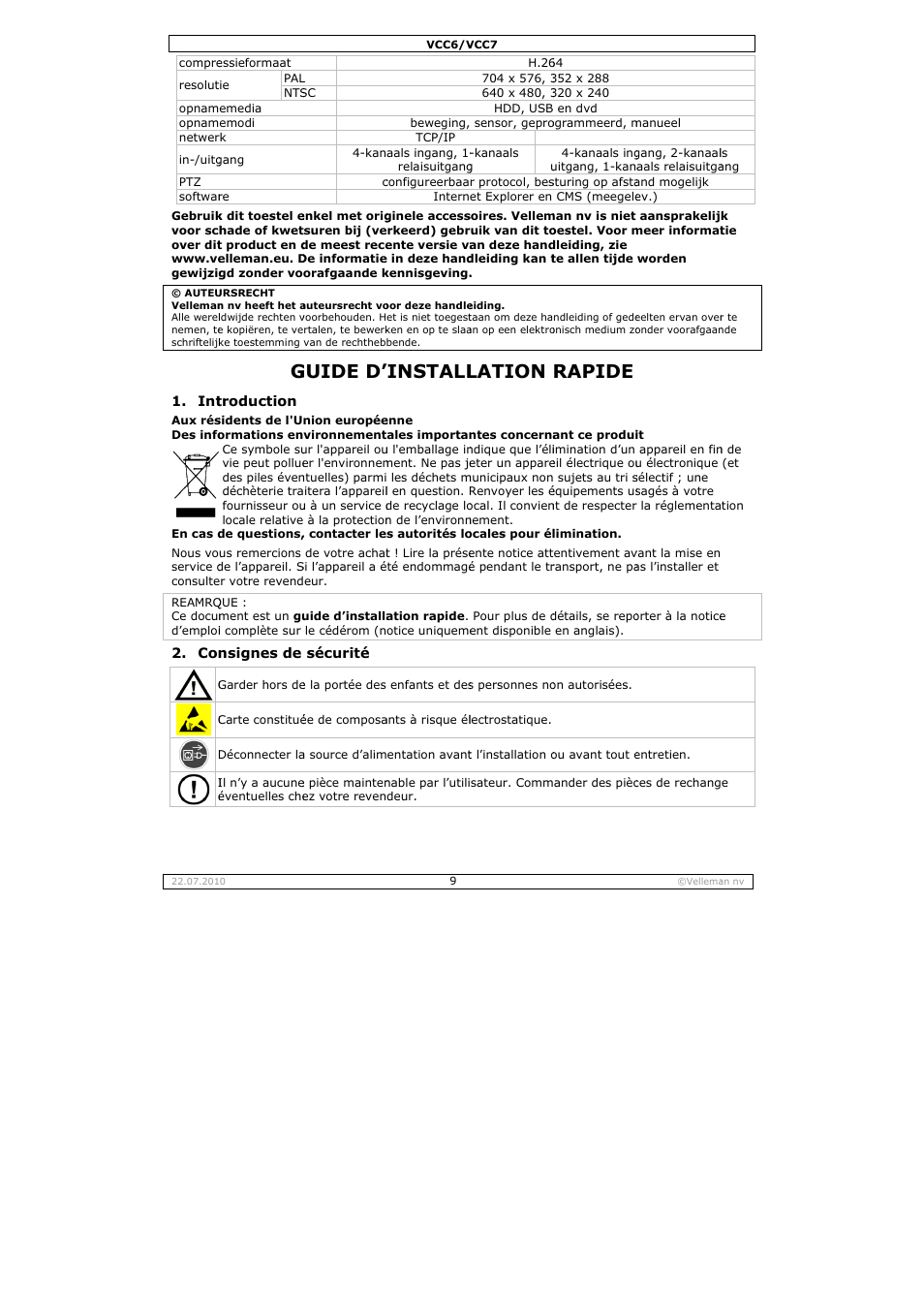 Guide d, Install, Lation | Rapide | Velleman VCC6 User Manual | Page 9 / 20