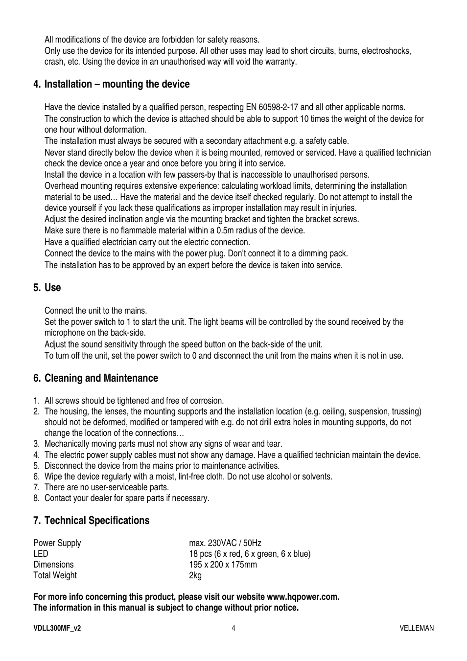 Velleman VDLL300MF User Manual | Page 4 / 12