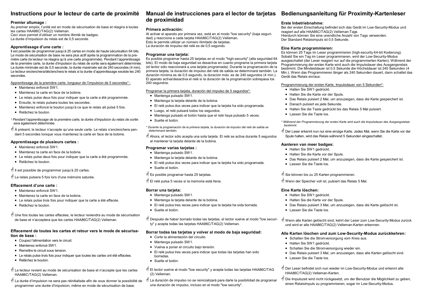 Bedienungsanleitung für proximity-kartenleser, Instructions pour le lecteur de carte de proximité | Velleman MK179 User Manual | Page 2 / 2