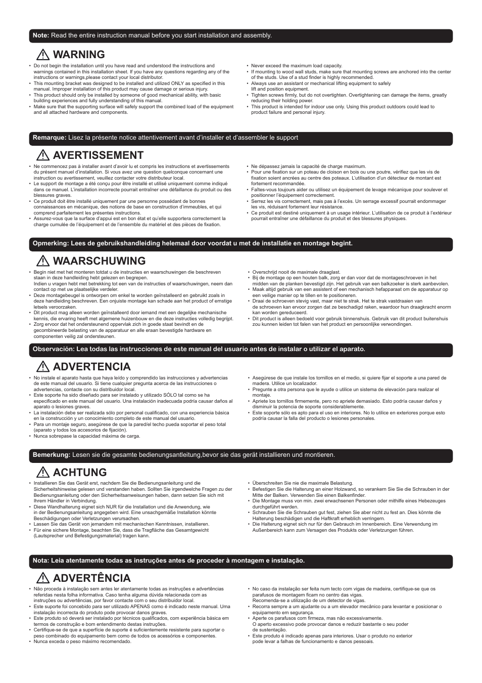 Warning, Avertissement, Waarschuwing | Advertencia, Achtung, Advertência | Velleman WB044 User Manual | Page 2 / 12