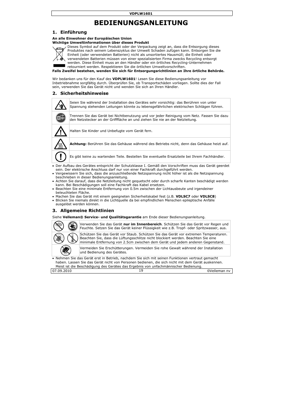 Bedien, Nungs, Sanleit | Tung | Velleman VDPLW1601 User Manual | Page 19 / 24
