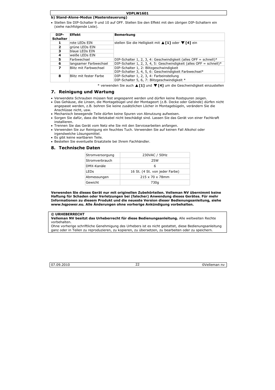 Velleman VDPLW1601 User Manual | Page 22 / 24