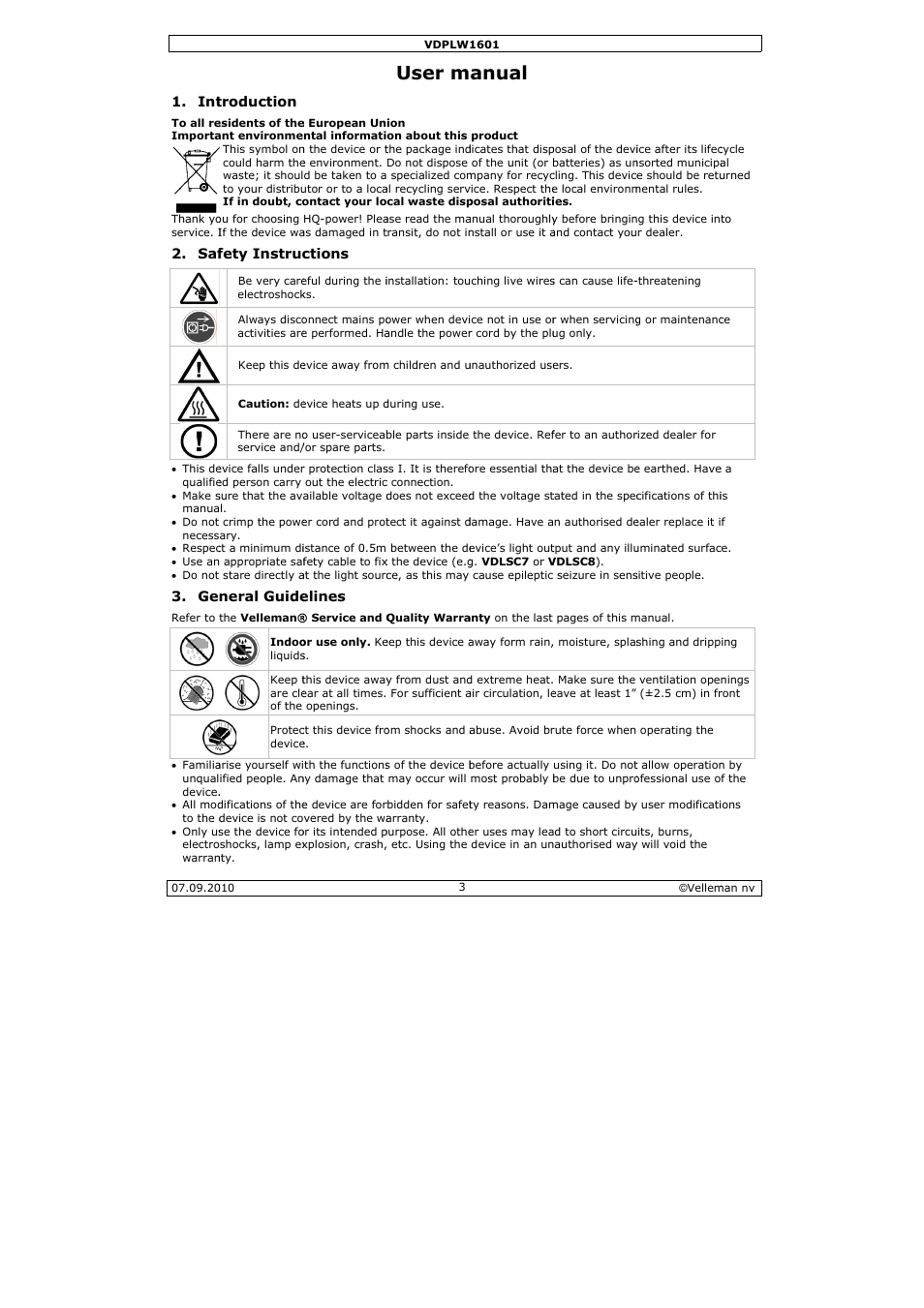 User m, Anual | Velleman VDPLW1601 User Manual | Page 3 / 24