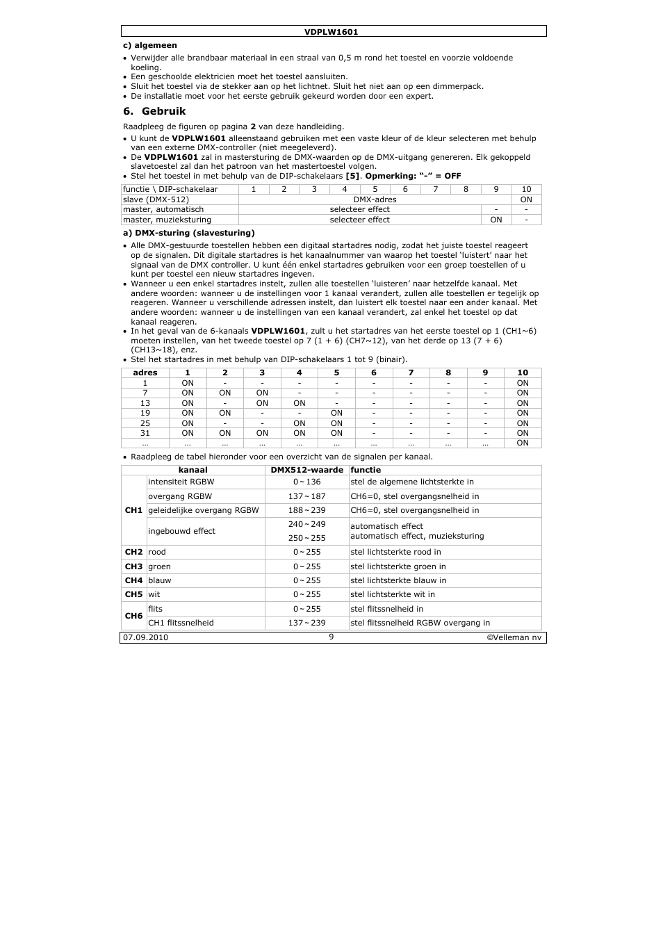 Velleman VDPLW1601 User Manual | Page 9 / 24