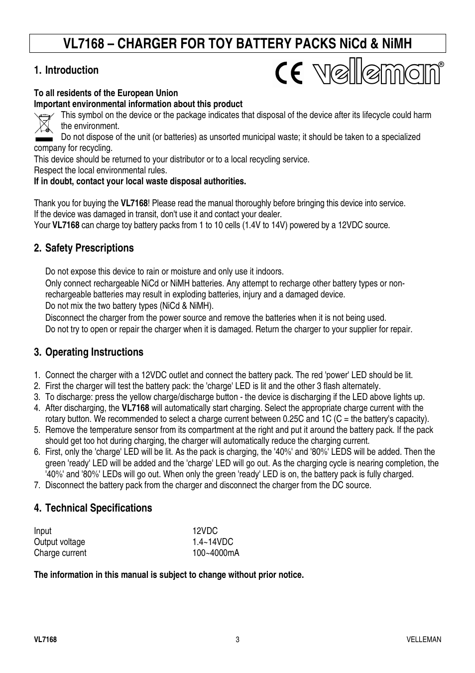 Vl7168 – charger for toy battery packs nicd & nimh | Velleman VL7168 User Manual | Page 3 / 7