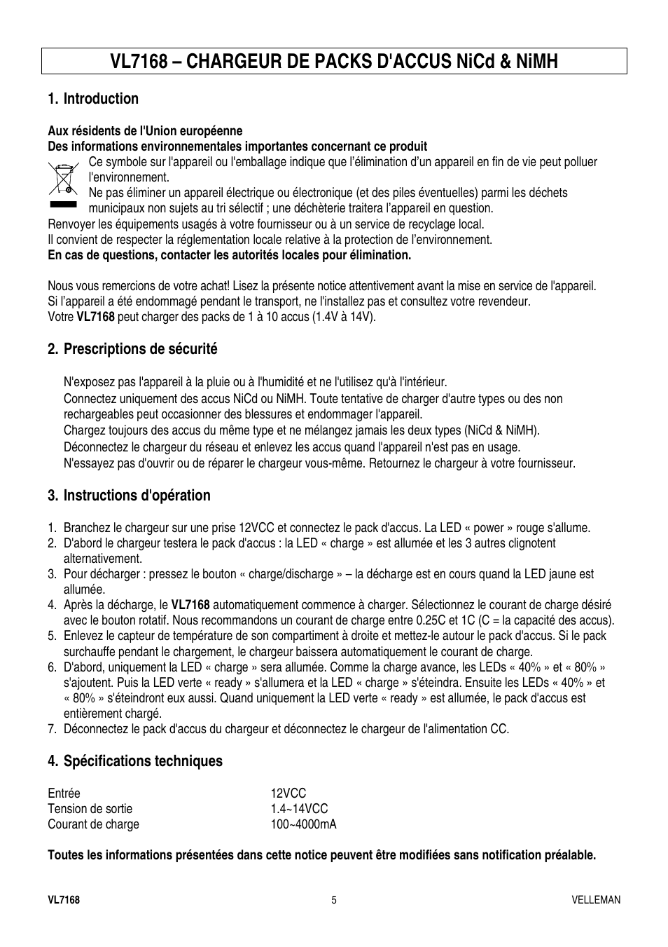 Vl7168 – chargeur de packs d'accus nicd & nimh | Velleman VL7168 User Manual | Page 5 / 7