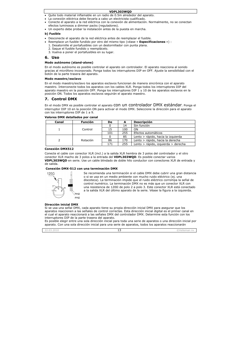 Con un controlador dmx estándar | Velleman VDPL303WQD User Manual | Page 13 / 19