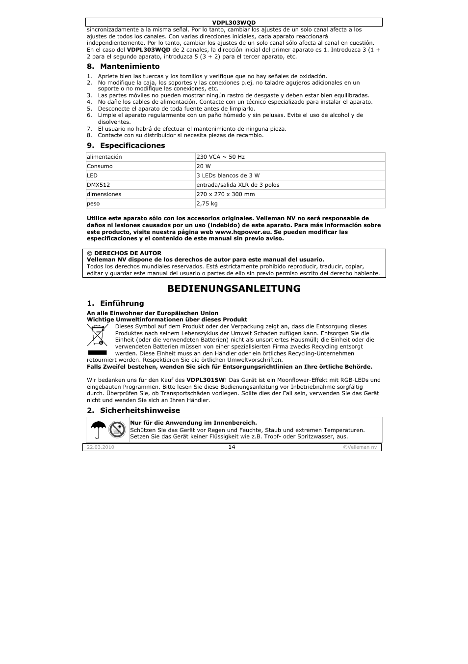 Bedie, Enungs, Anleitu | Velleman VDPL303WQD User Manual | Page 14 / 19