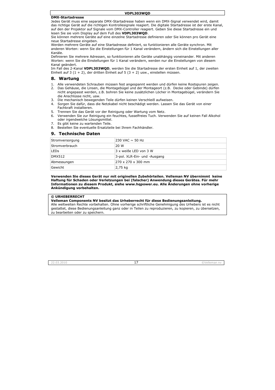 Velleman VDPL303WQD User Manual | Page 17 / 19