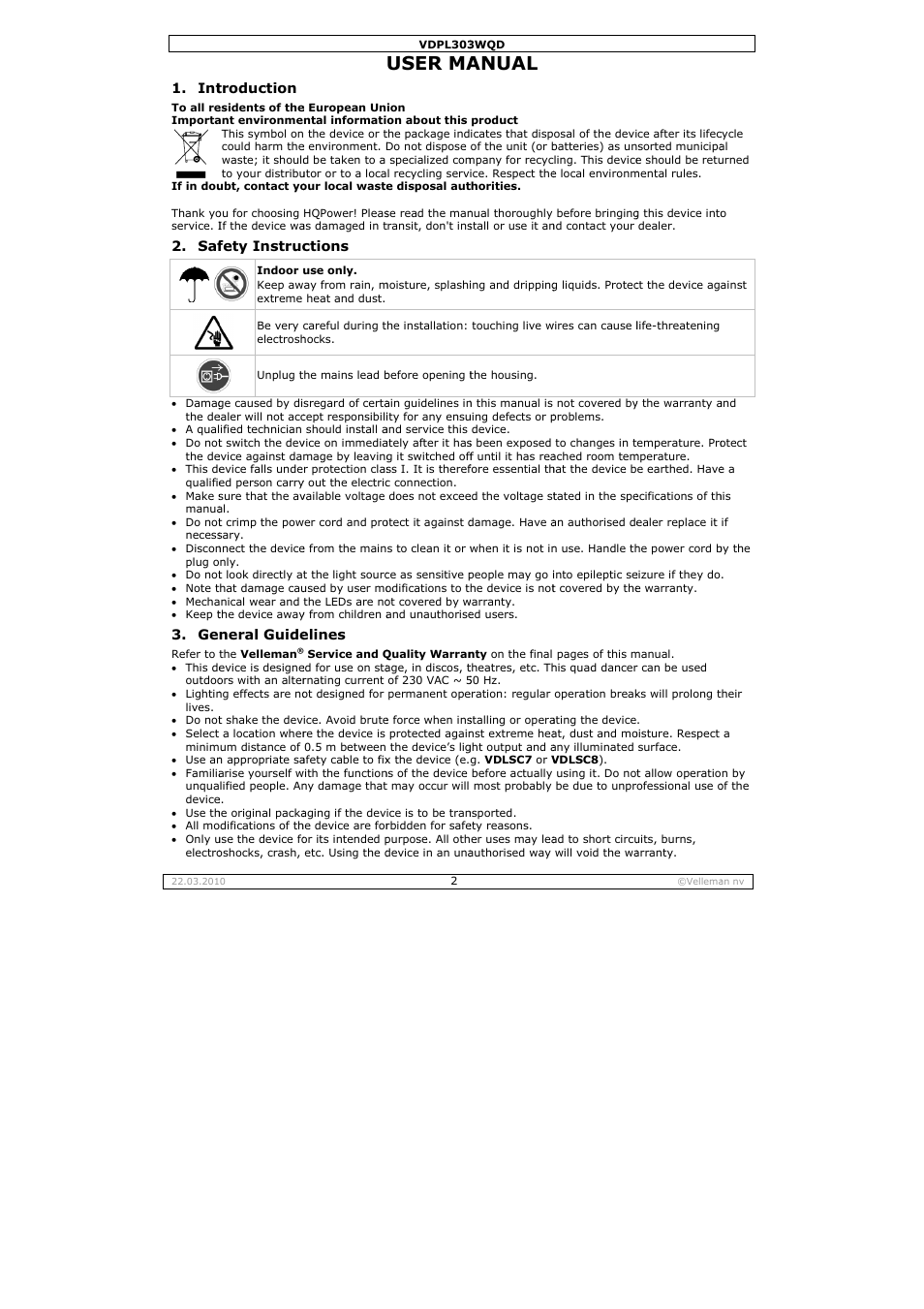 User ma, Anual | Velleman VDPL303WQD User Manual | Page 2 / 19