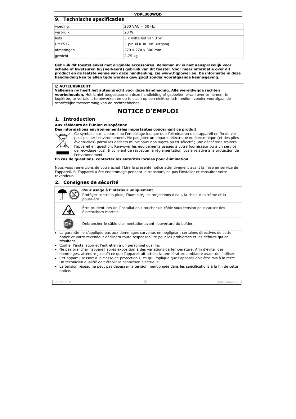 Otice d, Emploi | Velleman VDPL303WQD User Manual | Page 8 / 19