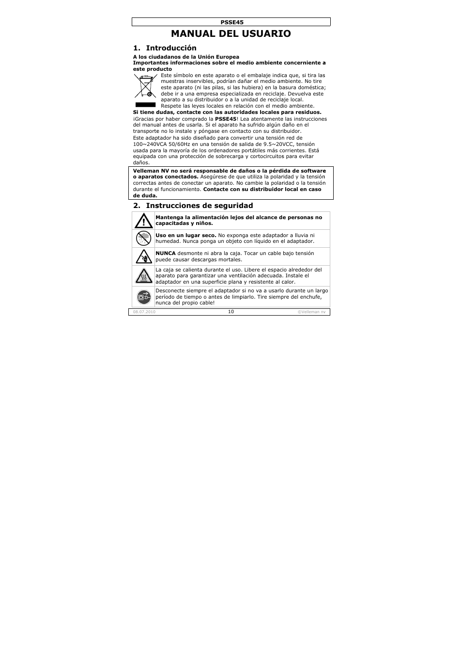 Manu, Ual del, Usuari | Troducción, Strucciones, S de segurid | Velleman PSSE45 User Manual | Page 10 / 19